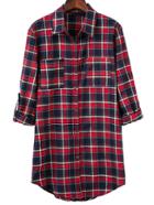 Shein Red Plaid Curved Hem Blouse With Pocket