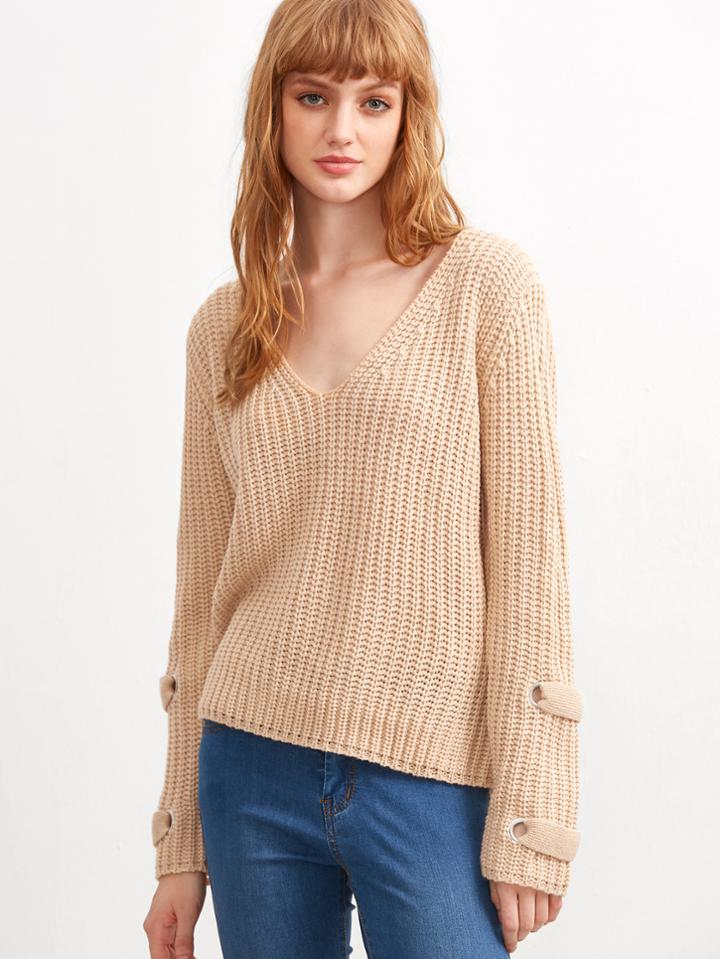 Shein Apricot V Neck Eyelet Detail Slouchy Sweater