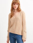 Shein Apricot V Neck Eyelet Detail Slouchy Sweater