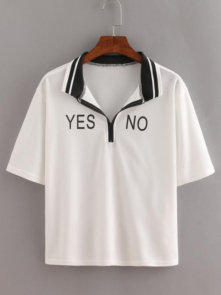 Shein Striped Trim Letters Print Zip T-shirt