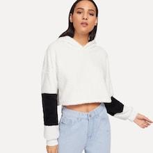 Shein Color Block Crop Hooded Teddy Sweatshirt