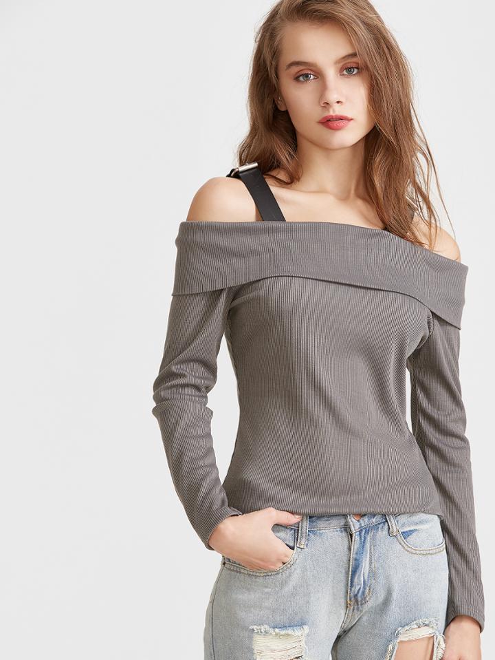 Shein Grey Ribbed Buckle Cold Shoulder T-shirt