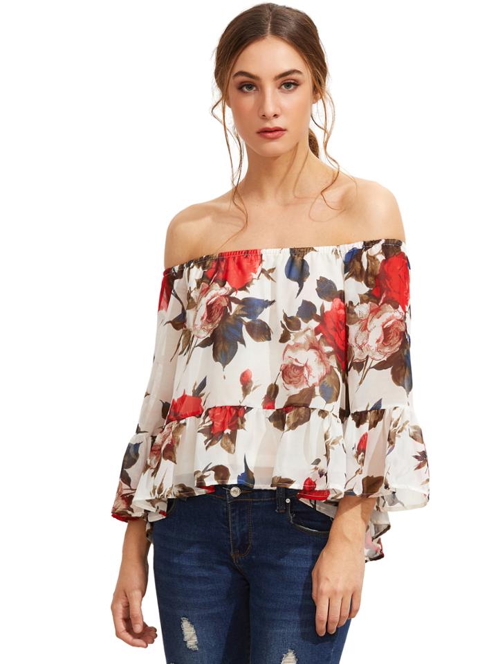 Shein White Floral Off The Shoulder Blouse