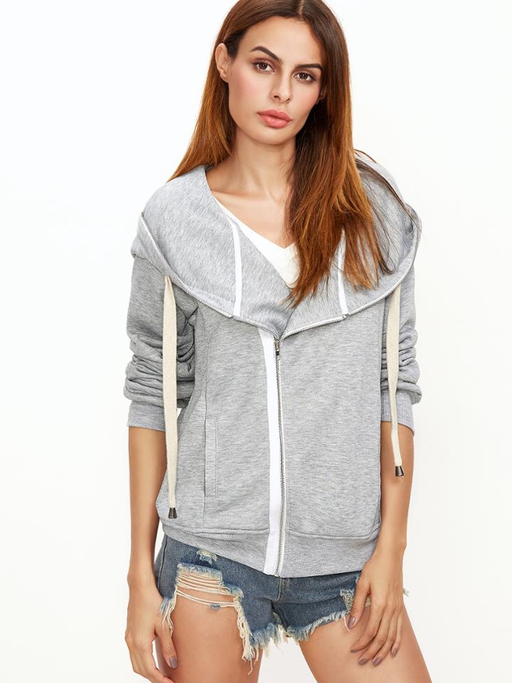 Shein Heather Grey Asymmetric Zip Sweatshirt With Oversized Hood