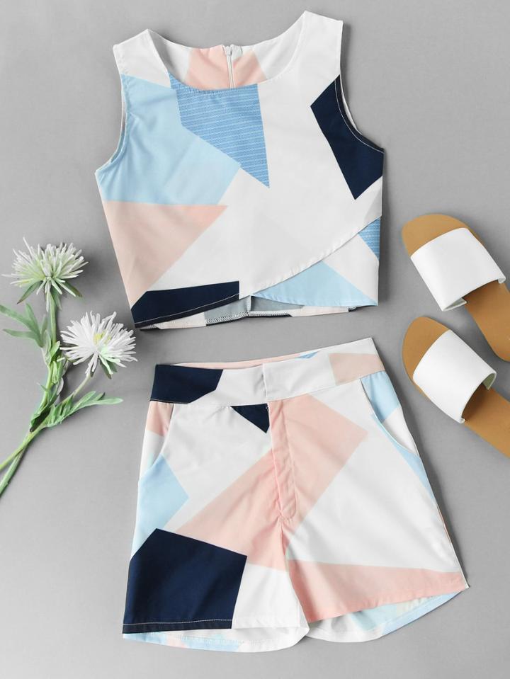 Shein Abstract Geo Print Overlap Tank Top With Shorts