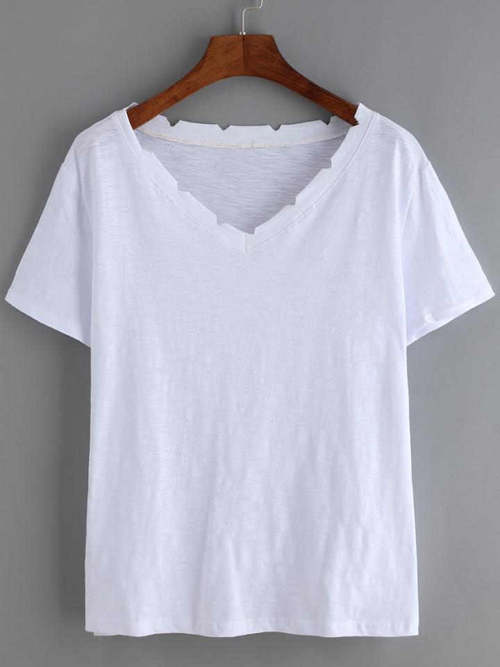 Shein White V Neck Short Sleeve Scalloped T-shirt