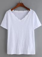 Shein White V Neck Short Sleeve Scalloped T-shirt