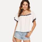 Shein Embroidered Tape Detail Pom Pom Blouse