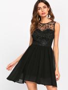 Shein Sequin Mesh Overlay Front Fitted & Flared Dress