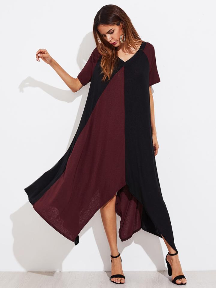 Shein Two Tone Double V Hanky Hem Dress