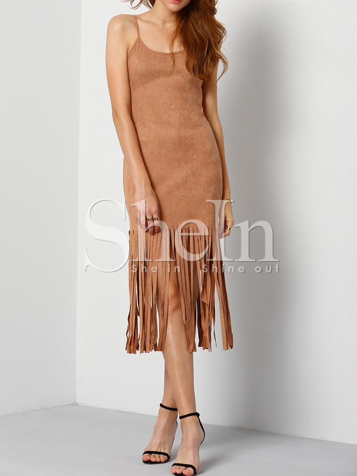 Shein Brown Spaghetti Strap Tassel Dress