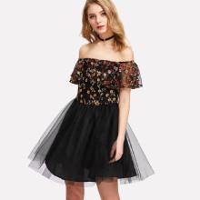 Shein Embroidered Flounce Trim Mesh Bardot Dress