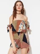 Shein Flounce Layered Bow Tie Detail Patchwork Romper