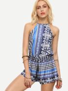 Shein Halter Neck Vintage Print Open Back Lace Up Romper