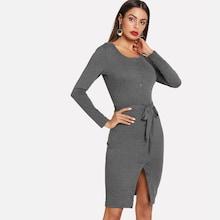 Shein Solid Tie Waist Split Front Dress