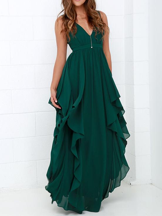 Shein Green Deep V Neck Maxi Chiffon Dress