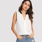 Shein Contrast Stand Collar V Placket Sleeveless Blouse