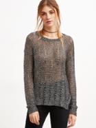 Shein Silver Hollow Out Dip Hem Slit Slub Sweater