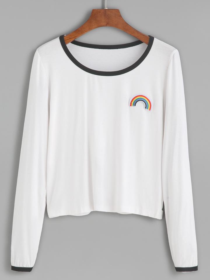 Shein Contrast Trim Rainbow Embroidered Patch T-shirt