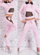 Rosewe Pocket Design Leopard Print Pink Sweats Suit