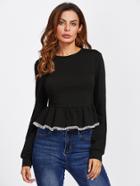 Shein Exposed Zip Back Lace Trim Peplum Sweatshirt