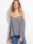 Shein Black Plaid Cold Shoulder Bow Tie Sleeve Top
