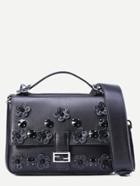 Shein Black Flowers And Rivet Embellished Satchel Bag