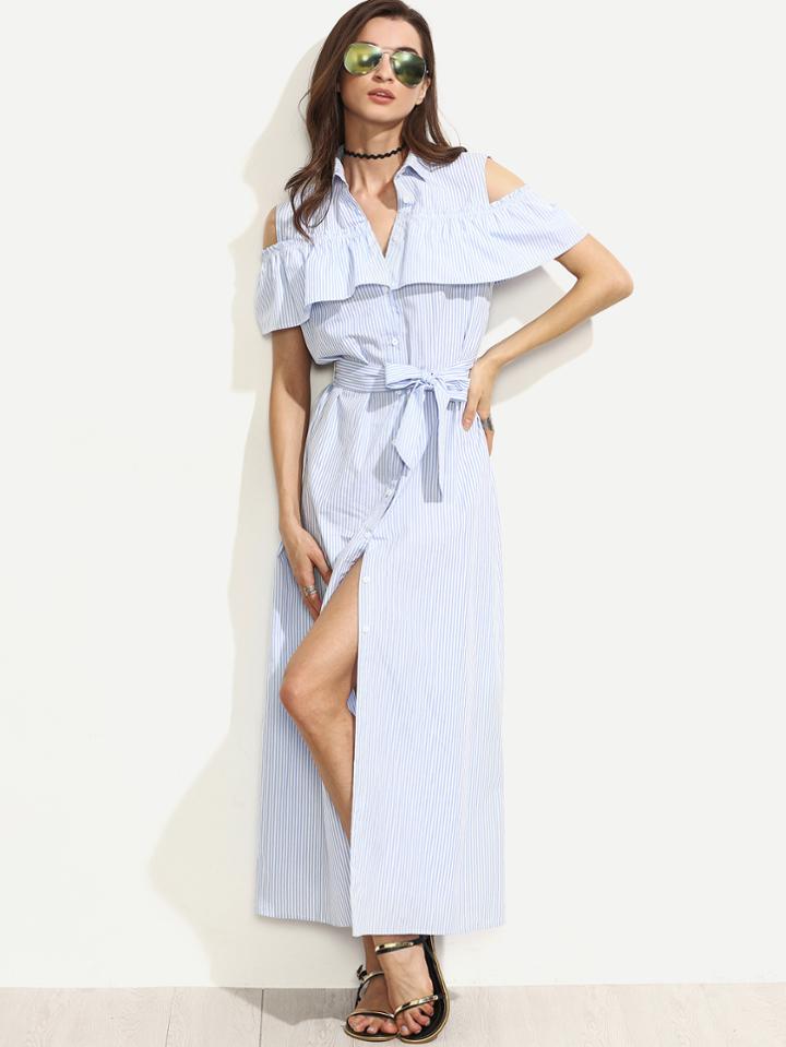 Shein Blue Striped Cold Shoulder Ruffle Tie Waist Long Dress