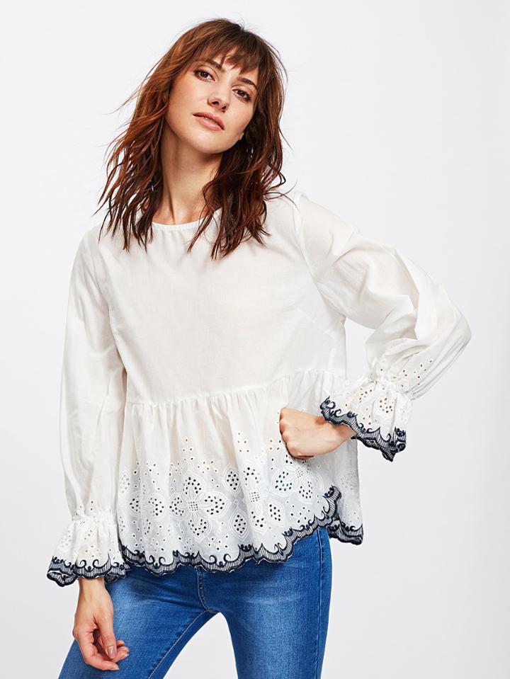Shein Bell Cuff Eyelet Embroidered Scalloped Top