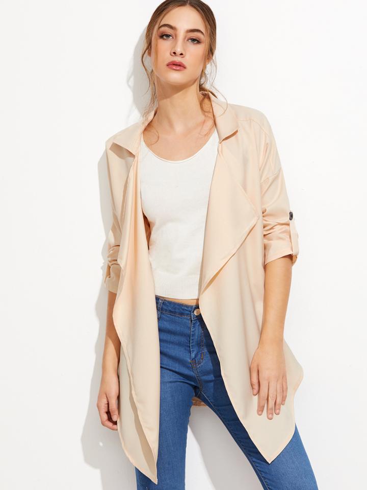 Shein Apricot Roll Tab Sleeve Curved Hem Coat