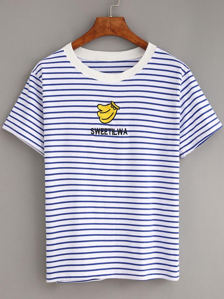 Shein Banana Embroidered Blue Striped T-shirt