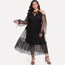 Shein Plus Keyhole Halter Neck Lace Trim Mesh Overlay Dress