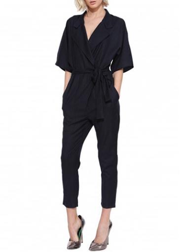 Rosewe Black Half Sleeve Turndown Collar Belted Romper