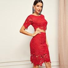 Shein Guipure Lace Crop Top And Skirt Set