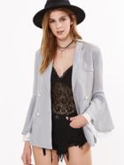 Shein Grey Pinstripe Layered Bell Sleeve Pearl Ball Button Blazer
