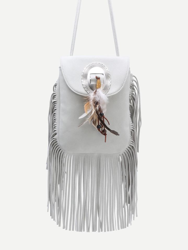 Shein White Feather Embellished Fringe Trim Flap Bag
