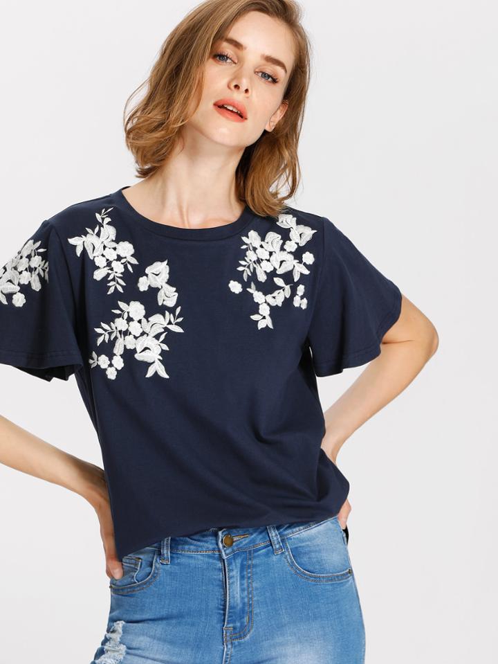 Shein Flower Embroidered Flutter Sleeve Tee