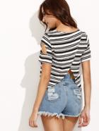 Shein Black And White Striped Cut Away Sleeve Blouse