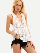Shein Beige Sleeveless V Neck Hollow Ruffle Tank Top
