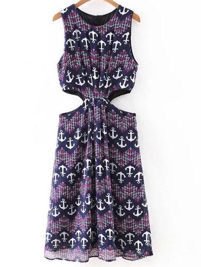 Shein Multicolor Anchors Print Zipper Back Waist Bareness Dress