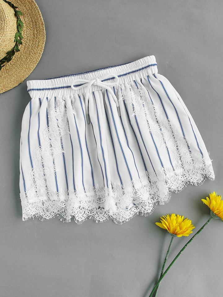 Shein Shirred Waist Lace Applique Pinstripe Shorts
