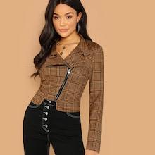 Shein Zip Front Crop Plaid Biker Jacket