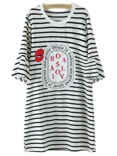 Shein Multicolor Bell Sleeve Letters Lip Embroidery Stripe T-shirt