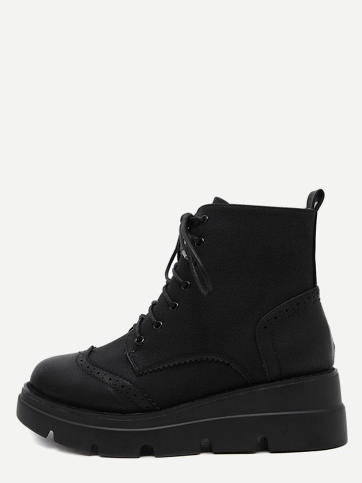 Shein Black Pu Wingtip Lace Up Wedge Short Boots