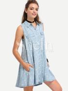 Shein Light Blue Sleeveless Stars Print Pockets Shirt Dress