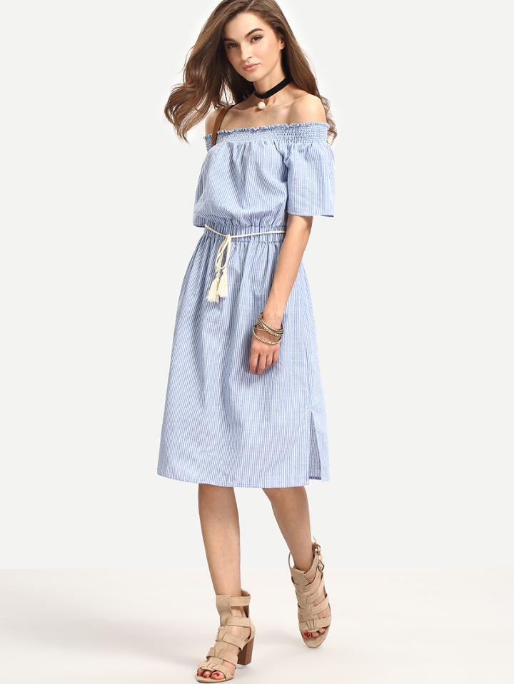 Shein Bardot Pinstripe Tie Waist Knee Length Dress
