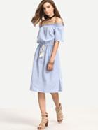 Shein Bardot Pinstripe Tie Waist Knee Length Dress