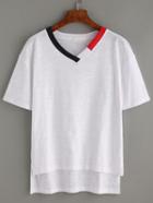 Shein White Contrast Neck High Low T-shirt