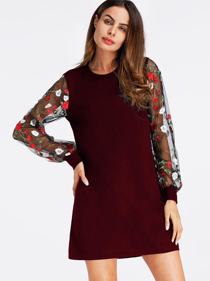Shein Contrast Embroidery Mesh Sleeve Sweatshirt Dress