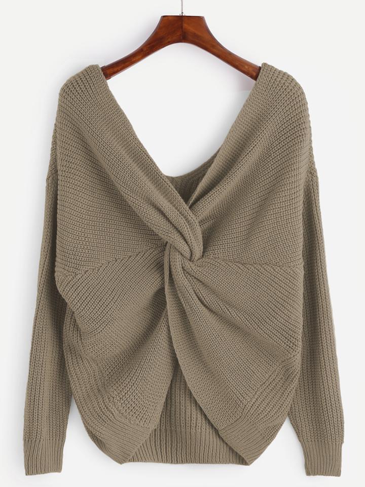 Shein Pale Khaki Double V Neck Knot Sweater